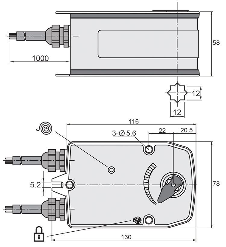 Размеры электропривода UCP UB(24)-03T