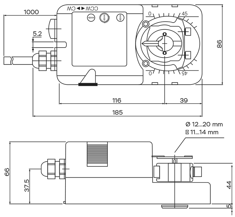 Размеры электропривода UCP XMU-230-15