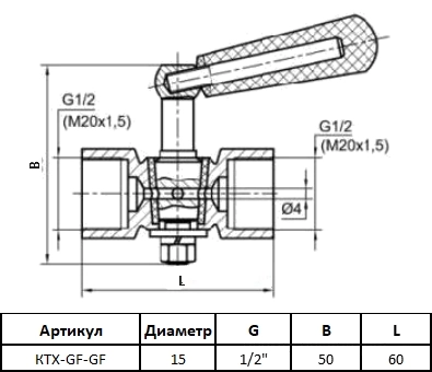 Габаритные размеры крана для манометра ЭКОМЕРА КТХ-MF-MF