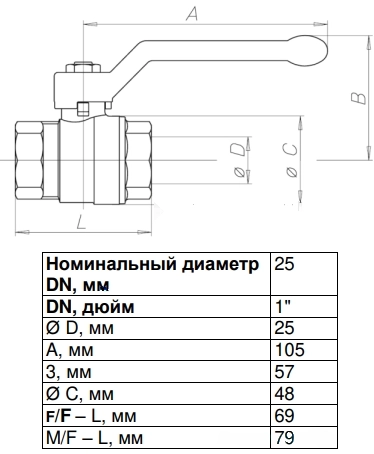 Габаритные размеры шарового крана Danfoss 065B3090 Габаритные размеры шарового крана Danfoss 065B3090