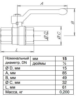 Габаритные размеры шарового крана Danfoss 065B8207