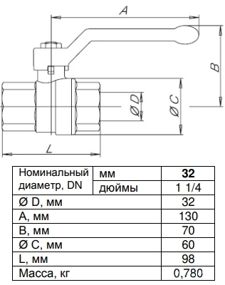 Габаритные размеры шарового крана Danfoss 065B8210 Габаритные размеры шарового крана Danfoss 065B8210