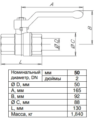 Габаритные размеры шарового крана Danfoss 065B8212