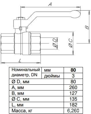 Габаритные размеры шарового крана Danfoss 065B8214 Габаритные размеры шарового крана Danfoss 065B8214
