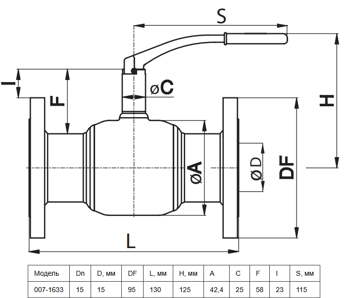 Габаритные размеры шарового стального крана Danfoss 065N0300G