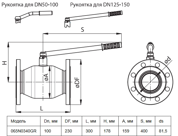 Габаритные размеры шарового стального крана Ридан 065N0340GR Габаритные размеры шарового стального крана Ридан 065N0340GR