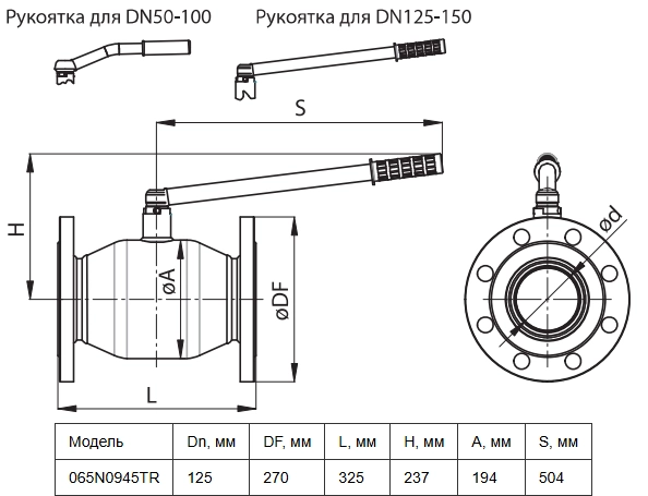 Габаритные размеры шарового стального крана Ридан 065N0945TR Габаритные размеры шарового стального крана Ридан 065N0945TR