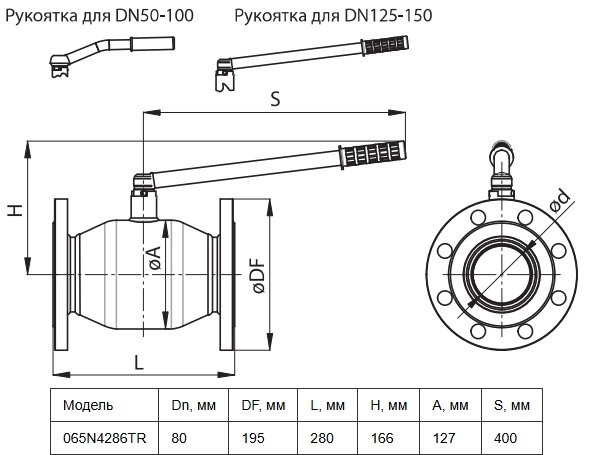 Габаритные размеры шарового стального крана Ридан 065N4286TR