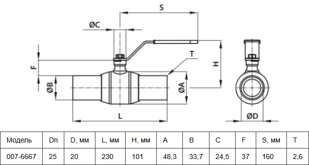Габаритные размеры шарового стального крана Danfoss 065N9602 Габаритные размеры шарового стального крана Danfoss 065N9602