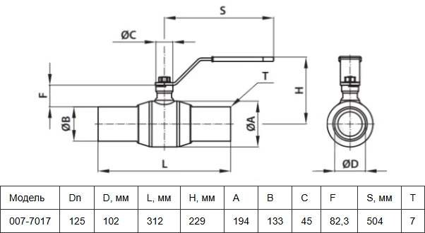 Габаритные размеры шарового стального крана Danfoss 065N9609 Габаритные размеры шарового стального крана Danfoss 065N9609