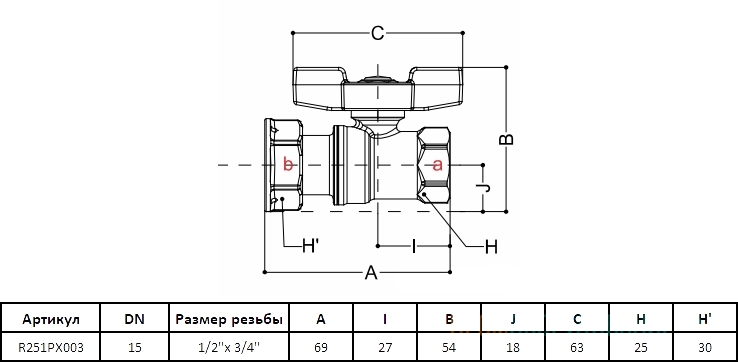Габаритные размеры шарового крана Giacomini R251PX003