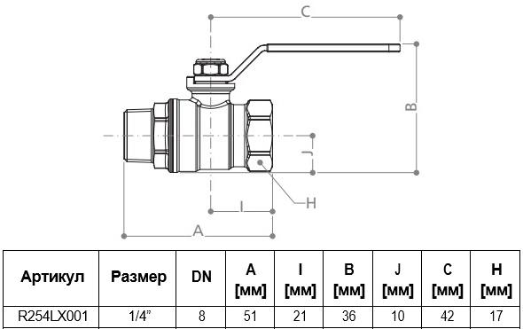 Габаритные размеры шарового крана Giacomini R254LX001