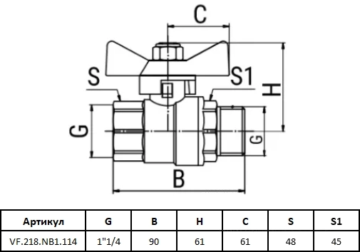 Габаритные размеры шарового крана VALFEX VF.218.NB1.114