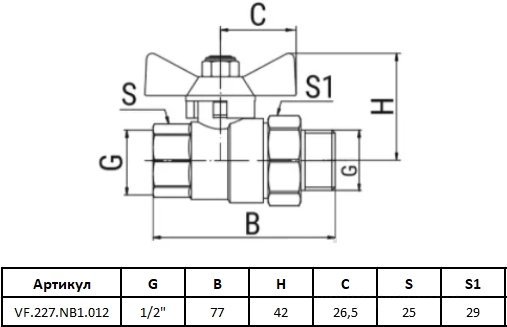 Габаритные размеры шарового крана VALFEX VF.227.NB1.012