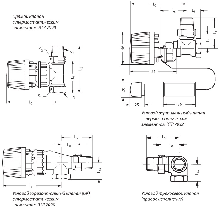 Габаритные размеры термостатического клапана Danfoss 013G7015