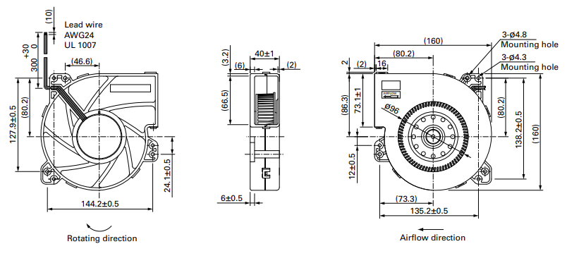 Габаритные размеры центробежного вентилятора 109BG12HA1 Sanyo Denki