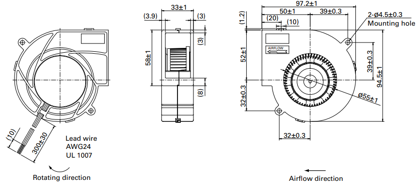 Габаритные размеры центробежного вентилятора 109BM12P2M01 Sanyo Denki
