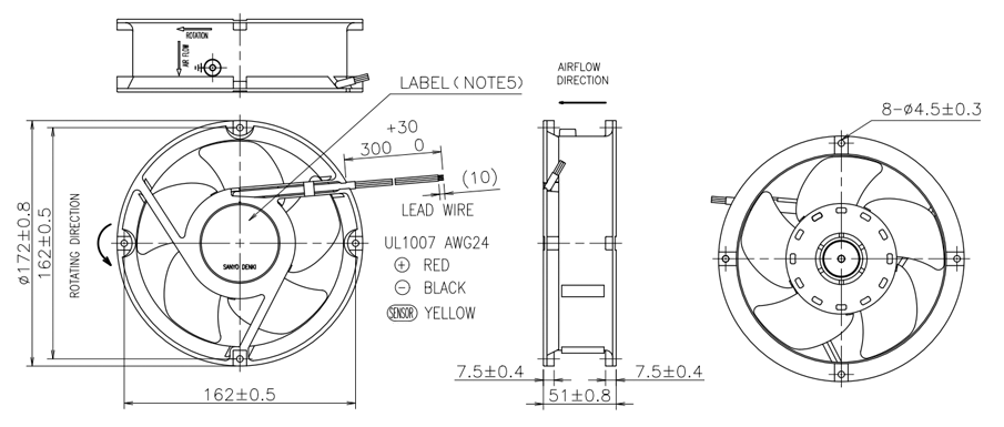 Габаритные размеры осевого кулера 109E1748M501 Sanyo Denki