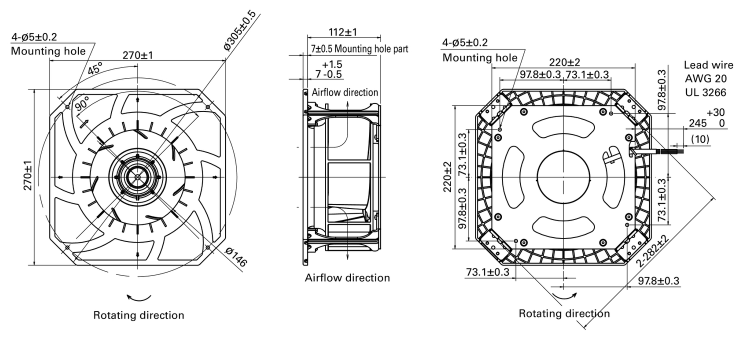 Габаритные размеры центробежного вентилятора 9B1W2TS48P0S001 Sanyo Denki