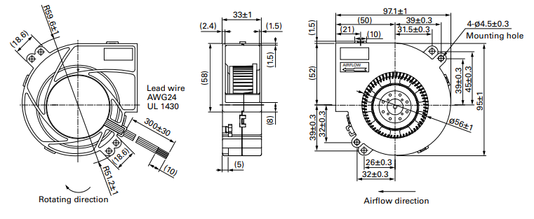 Габаритные размеры центробежного вентилятора 9BMB24F202 Sanyo Denki