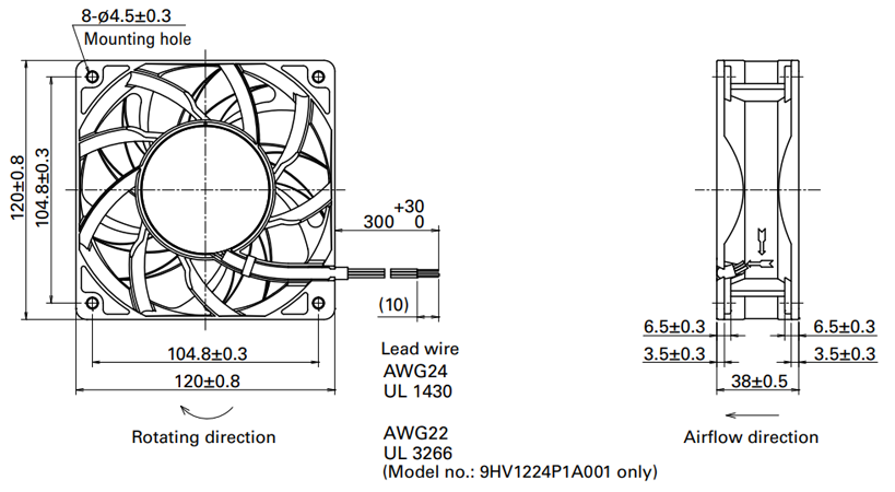 Габаритные размеры осевого кулера 9HV1248H1002 Sanyo Denki