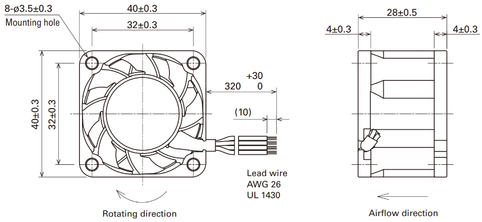Габаритные размеры осевого кулера 9LG0424P3S001 Sanyo Denki