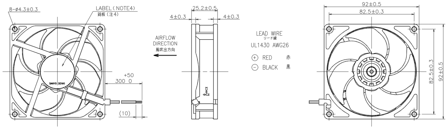 Габаритные размеры осевого кулера 9LG0924M4D001 Sanyo Denki