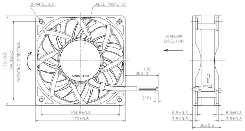 Габаритные размеры осевого кулера 9LG1212F1002 Sanyo Denki