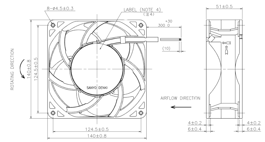Габаритные размеры осевого кулера 9LG1424A5002 Sanyo Denki