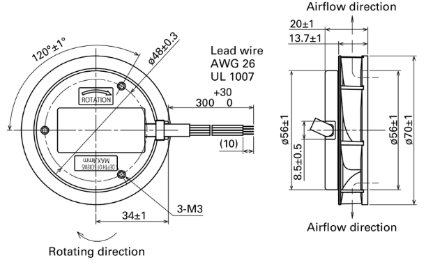 Габаритные размеры центробежного вентилятора 9TD12P6G001 Sanyo Denki