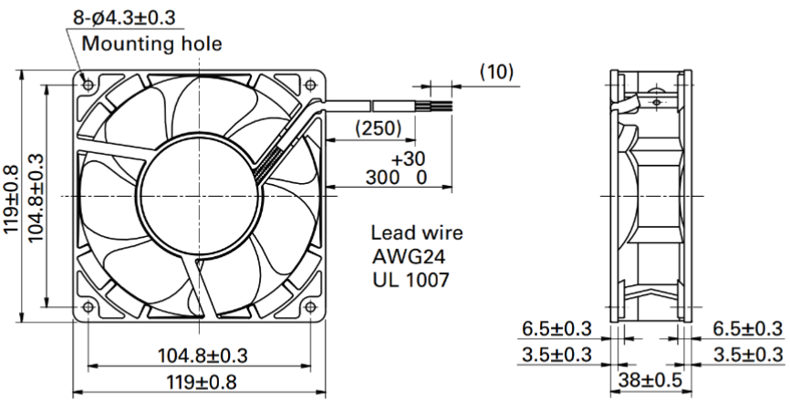 Габаритные размеры осевого кулера 9WG1224M1D01 Sanyo Denki