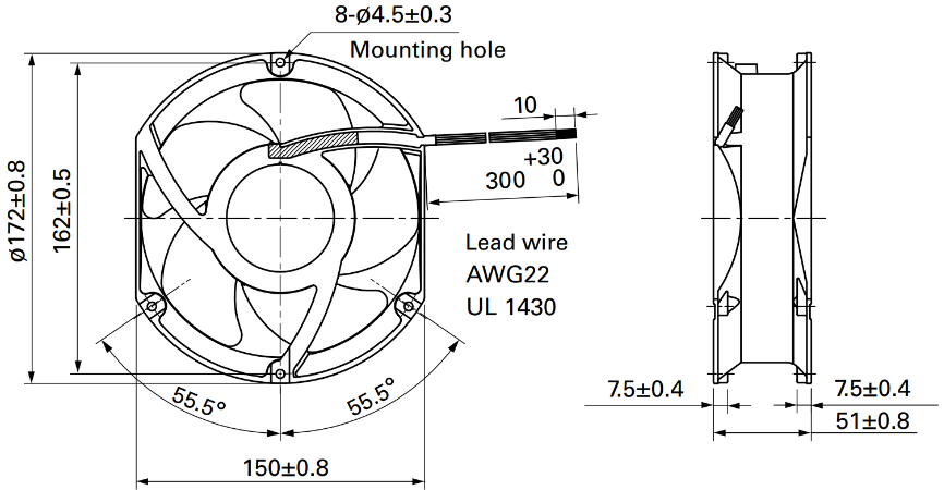 Габаритные размеры осевого кулера 9WG5748G5002 Sanyo Denki