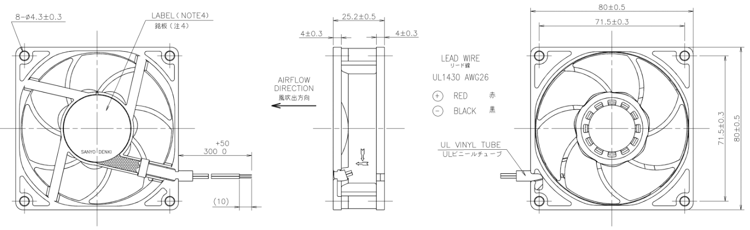 Габаритные размеры осевого кулера 9WL0824F4002 Sanyo Denki