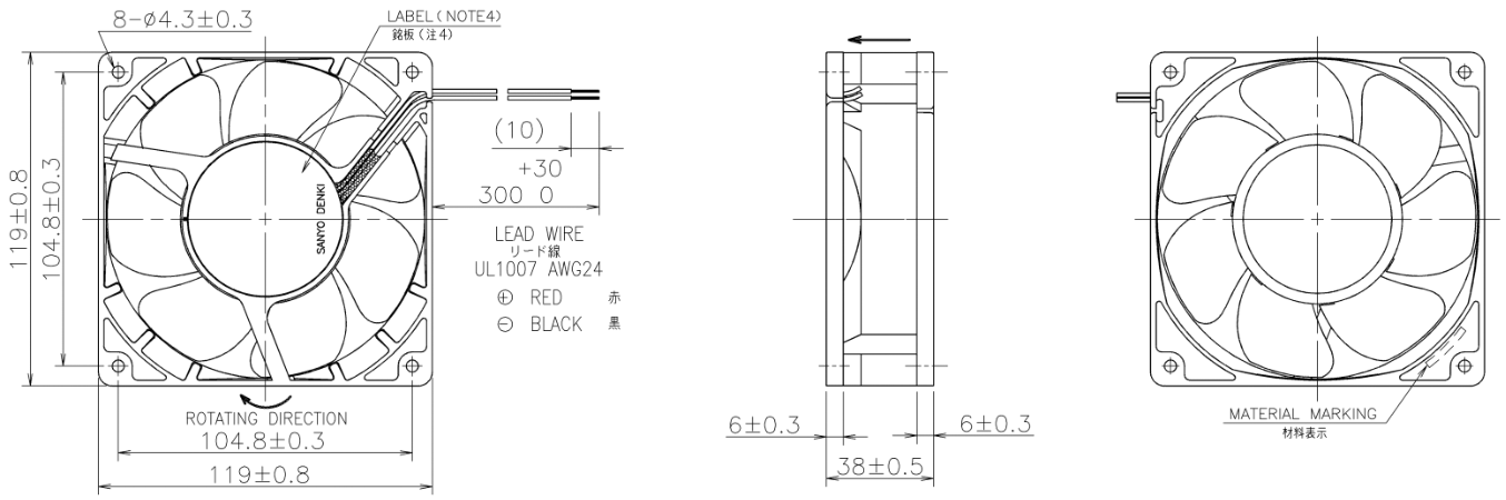 Габаритные размеры осевого кулера 9WP1212M1011 Sanyo Denki