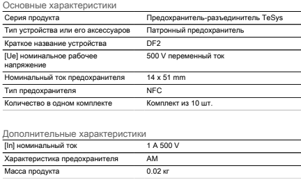 Характеристики предохранителя DF2EA01 Schneider Electric Характеристики предохранителя DF2EA01 Schneider Electric