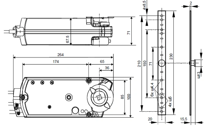 Габаритные размеры противопожарного привода GGA326.1E/T10 Siemens