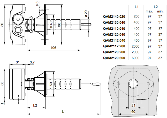 Габаритные размеры датчика температуры QAM2171.040 Siemens