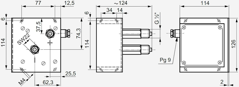 Габаритные размеры датчика давления QBE61.3-DP5 Siemens