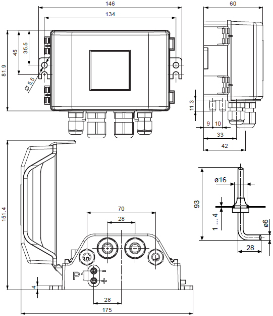 Габаритные размеры датчика давления QBM3700-25/MO Siemens
