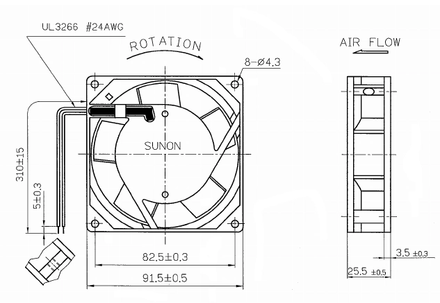Габаритные размеры вентилятора A09000480G-00 Sunon