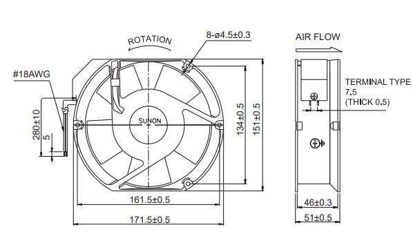 Габаритные размеры вентилятора A1175-HBL Sunon