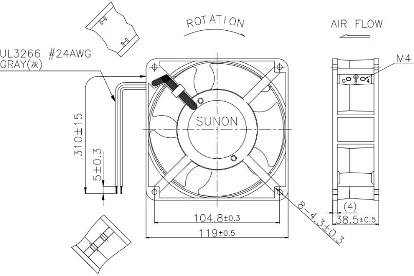 Габаритные размеры вентилятора A12011170G-00 Sunon