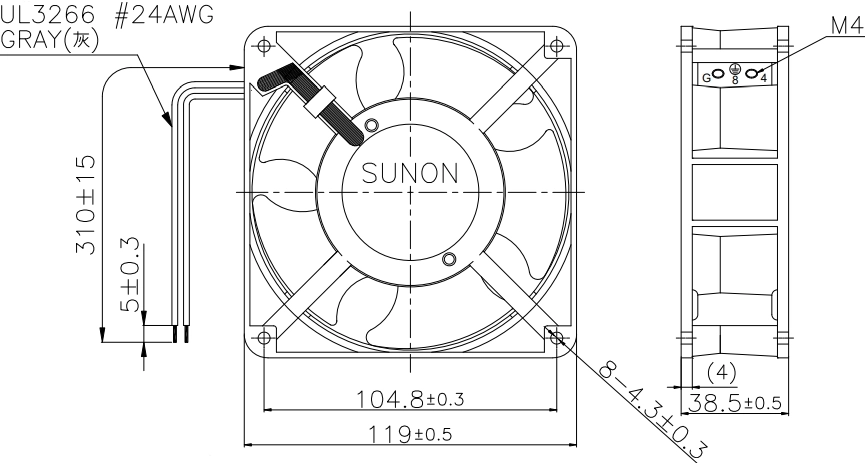 Габаритные размеры вентилятора A12011200G-00 Sunon