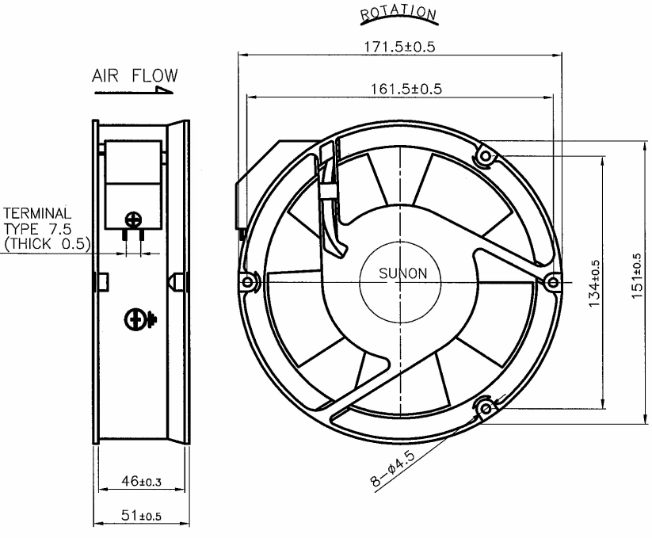 Габаритные размеры вентилятора A2175-HBT Sunon