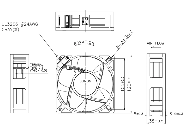 Габаритные размеры вентилятора CF4113MBT-000U-AA9 Sunon
