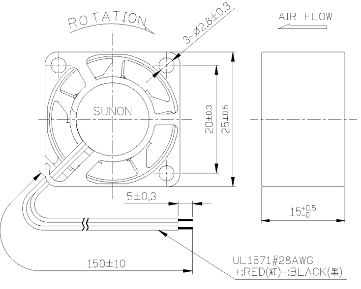 Габаритные размеры вентилятора D02026750G-01 Sunon