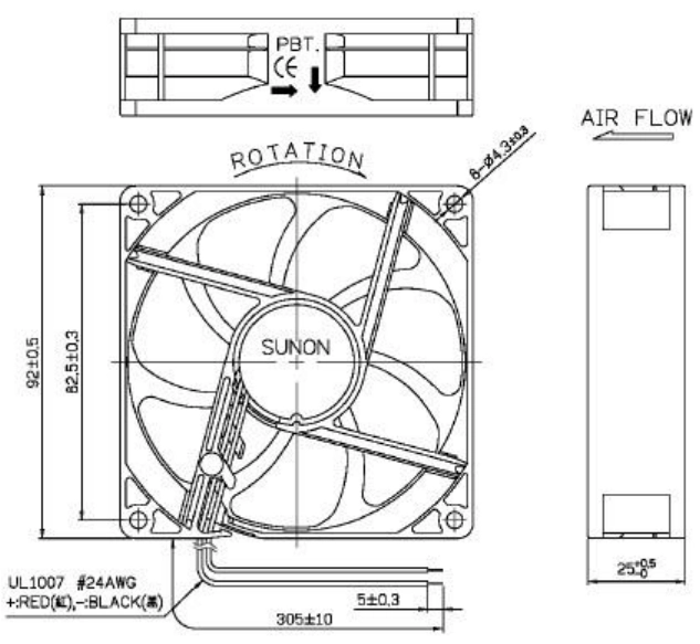 Габаритные размеры вентилятора D09039860G-02 Sunon