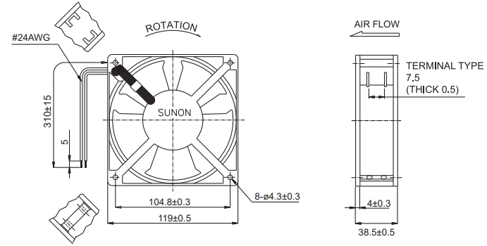 Габаритные размеры вентилятора DP200A-2123XBT.GN Sunon