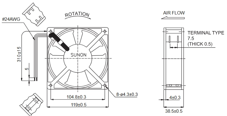 Габаритные размеры Sunon DP201A2123HBT Габаритные размеры Sunon DP201A2123HBT