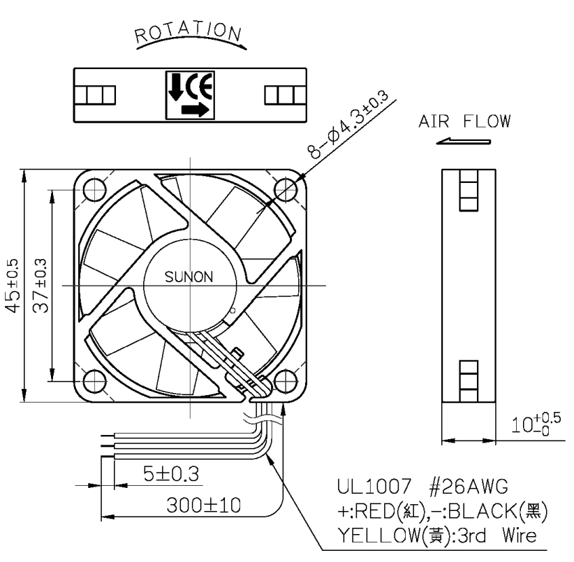 Габаритные размеры вентилятора EB45101S2-000U-C99 Sunon